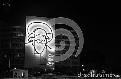 Illuminated outline sculpture of Camilo Cienfuegos, Editorial Stock Photo