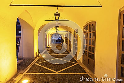 Illuminated passage in the Old Town of Sibiu Stock Photo