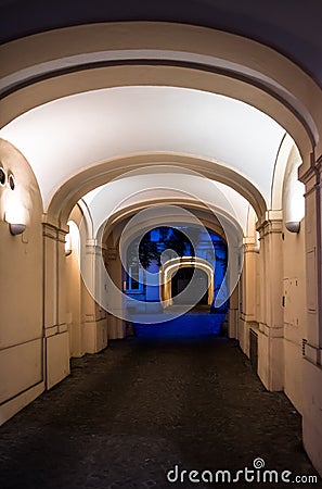Illuminated Passage To The Courtyard Of A Historic Building In Vienna In Austria Stock Photo