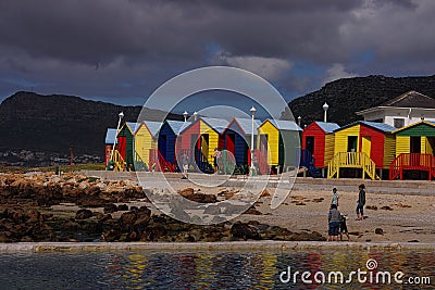 Colourful changing huts on beach at St James Beach, Muizenberg Editorial Stock Photo