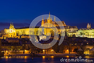 Illuminated Prague Castle, Czech Republic, Europe Stock Photo