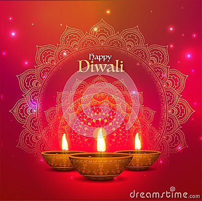 Illuminated, Realistic Earthen Lamps Diya. Stock Photo