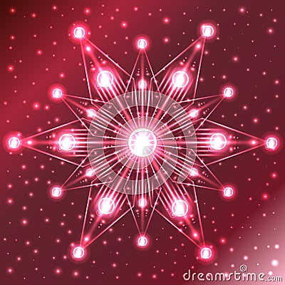 Illuminated red star with lights on its rays on red gradient background with sparkles Vector Illustration