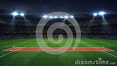 Illuminated round cricket stadium full of fans at night upper side view Stock Photo