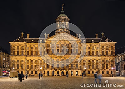 Illuminated Roayal Palace at the Dam Square Amsterdam, The Netherlands Editorial Stock Photo