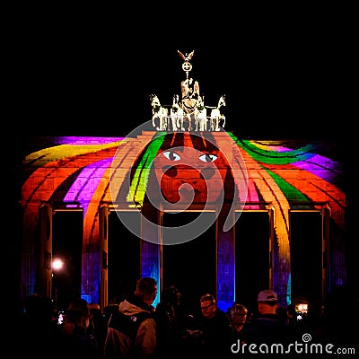 illuminated sculpture that looks like a man riding a horse with his eyes closed Editorial Stock Photo