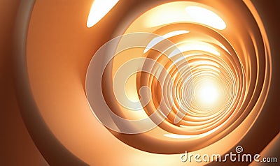 Illuminated spiral tunnel, warm light, smooth curves, abstract design, depth perception, modern art, digital rendering Stock Photo
