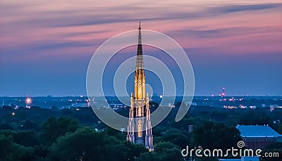 Illuminated spires silhouette city skyline at twilight, a gothic monument generated by AI Stock Photo
