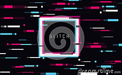 An illuminated square frame with glitch effect and a place for text Distorted glitch style modern background, glow design for Vector Illustration