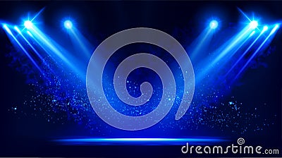 Illuminated stage with scenic lights and smoke. Blue vector spotlight with smoke volume light effect on black background Vector Illustration