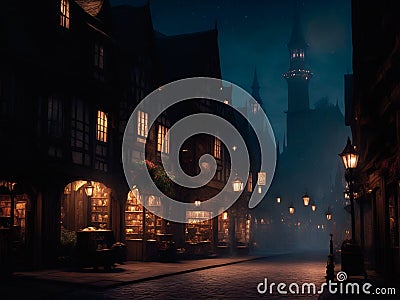 An illuminated street with fog in an old town Stock Photo