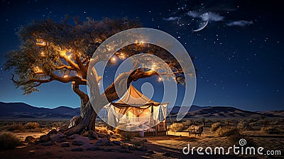 illuminated tent in desert near tree at night, romantic vacation outdoor in wild, glamping Stock Photo