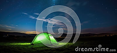 Illuminated Tent Under Star-Streaked Night Sky: A Generative AI Scene Stock Photo