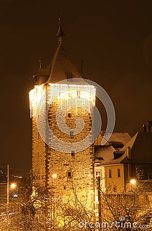 Illuminated Traditional Tower in Europe Stock Photo