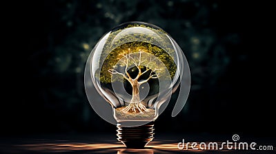 An Illuminated Tree Encased in a Light Bulb Stock Photo