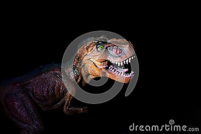 Illuminated Tyrannosaurus head in the dark closeup Stock Photo