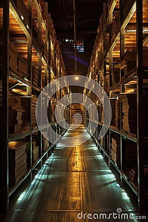 illuminated warehouse aisle with tall storage racks Stock Photo