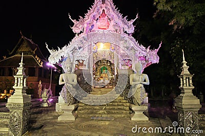 Illuminated Wat Sri Suphan Silver Temple in Chiang Stock Photo