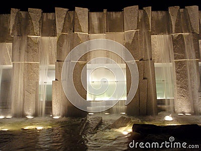 Illuminated Waterfall at Martin Luther King Jr. Memorial in Yerba Buena Gardens at Night Editorial Stock Photo