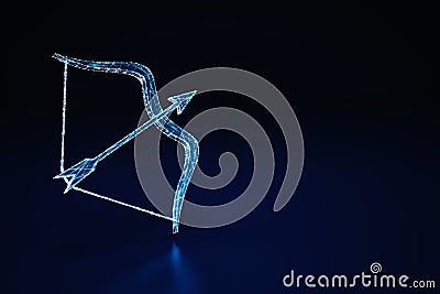 Illuminated wireframe of a bow and arrow on dark blue background. 3D Rendering Stock Photo