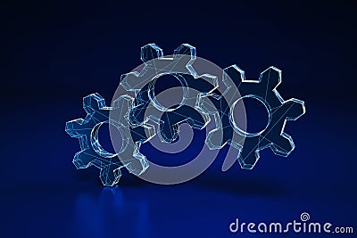 Illuminated wireframe of three gears on dark blue background. 3D Rendering Stock Photo
