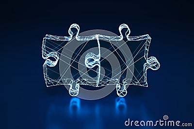 Illuminated wireframe of two connected puzzle pieces on dark blue background. 3D Rendering Stock Photo
