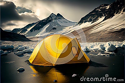 Illuminated yellow tent wild camping in the mountains under blue sky. Stock Photo