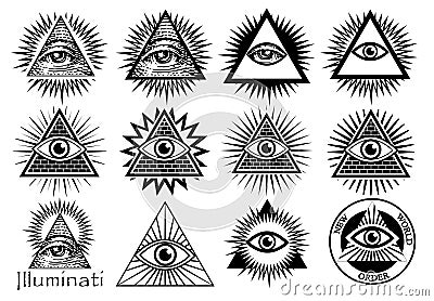 Illuminati symbols, masonic sign, all seeing eye. Vector Illustration