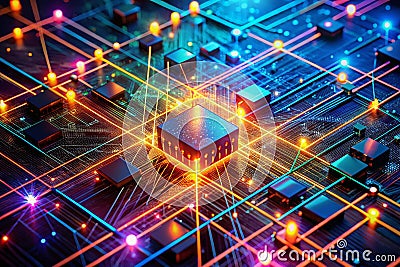 Illuminating the Future of Computing An Abstract Visualization of a Multicore Processors Interconnected Network Stock Photo