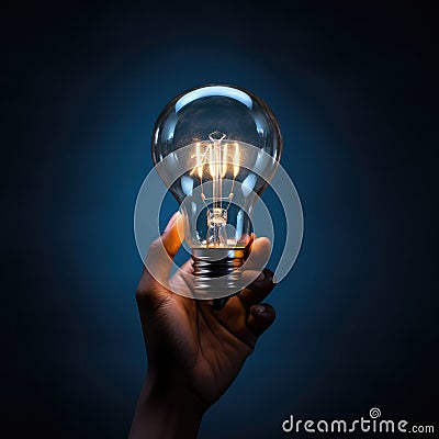 Illuminating Insights: Hand Holding Lightbulb Sparks Creativity in the Dark - Witness the magic of innovation with this Stock Photo