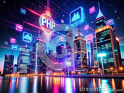 Illuminating the Night City A 3D Programming Concept Visualized Through Illuminated PHP Code Stock Photo