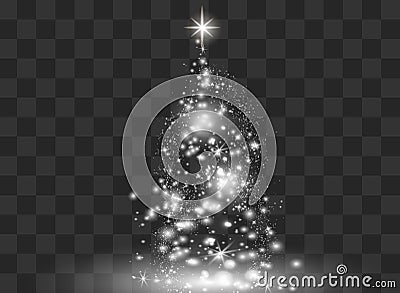 Illumination Lights Shiny Christmas tree Isolated on Transparent Background. White tree as symbol of Happy New Year Vector Illustration