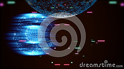 Illumination of two abstract planets with plexus grid on a surface and active colorful celestial bodies flying around. Stock Photo