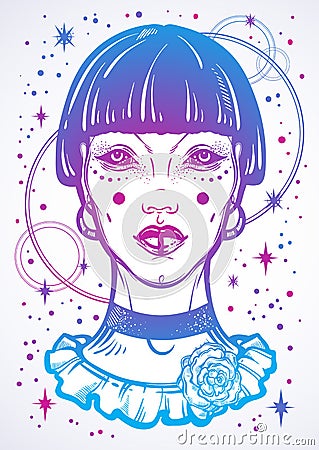 Illusatration of a mystic gothic girl without eyes. High-detailed vector artwork in linear style isolated. Beautiful witch. Vector Illustration