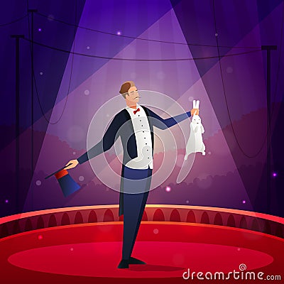 Illusionist On Arena With Rabbit And Hat Vector Illustration