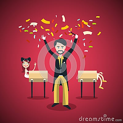 Illusionist - Magician with Woman Trick. Vector Illustration