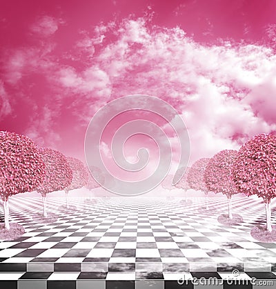 Illusive chess surface with pink trees Stock Photo