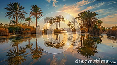 Illusive oasis with palms and shimmering water unfolds in the desert, a mirage by the blazing sun Stock Photo