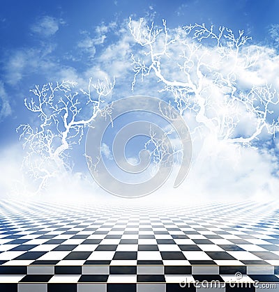 Illusory landscape with a checkerboard floor and bare branches of a tree Stock Photo