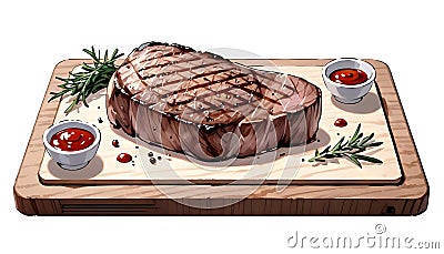 Illusration of Beef steak served in wooden cuttting board on white background. Grilled steak, medium rare with anime style Stock Photo