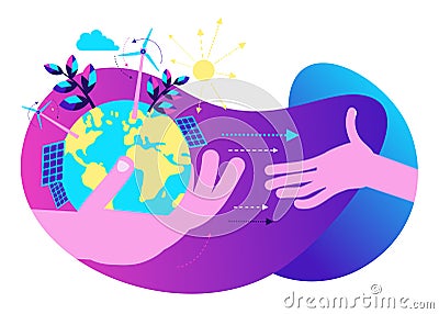 Ecological illustration. In hands of man planet Earth. Alternative types of energy. Modern eco friendly technologies, solar batte Vector Illustration