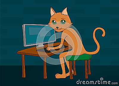 Red cat working on computer Stock Photo