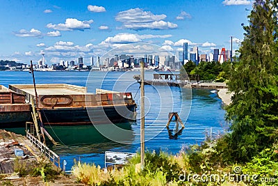 Barge And Skyline Illustration Stock Photo