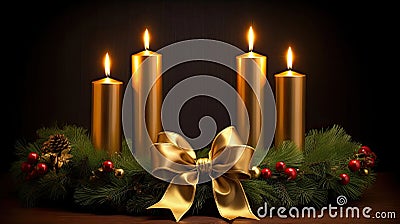 Four golden Advent candles within lush evergreen branches. Christmas time, Advent season. Flickering flames cast soft, inviting Stock Photo