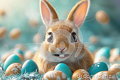 Illustrastion of cute Easter bunny with colorful Easter eggs on a monochrome blue background Stock Photo