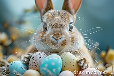 Illustrastion of cute Easter bunny with colorful Easter eggs on a monochrome blue background Stock Photo