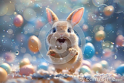 Illustrastion of cute Easter bunny with colorful Easter eggs on a monochrome blue background Stock Photo