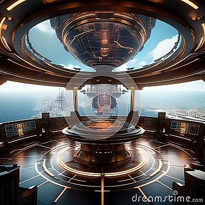 illustrate an ai controlled navigation room with advanced technology guiding the ship through complete Stock Photo