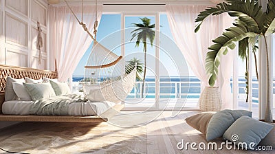 Illustrate a coastal-inspired luxury bedroom with a beachfront view, soft pastel hues, and a comfortable hammock chair for Stock Photo