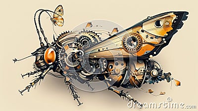 Illustrate a complex mechanical insect highlighting its intricate gears and precise movements in a wormseye view combining Stock Photo
